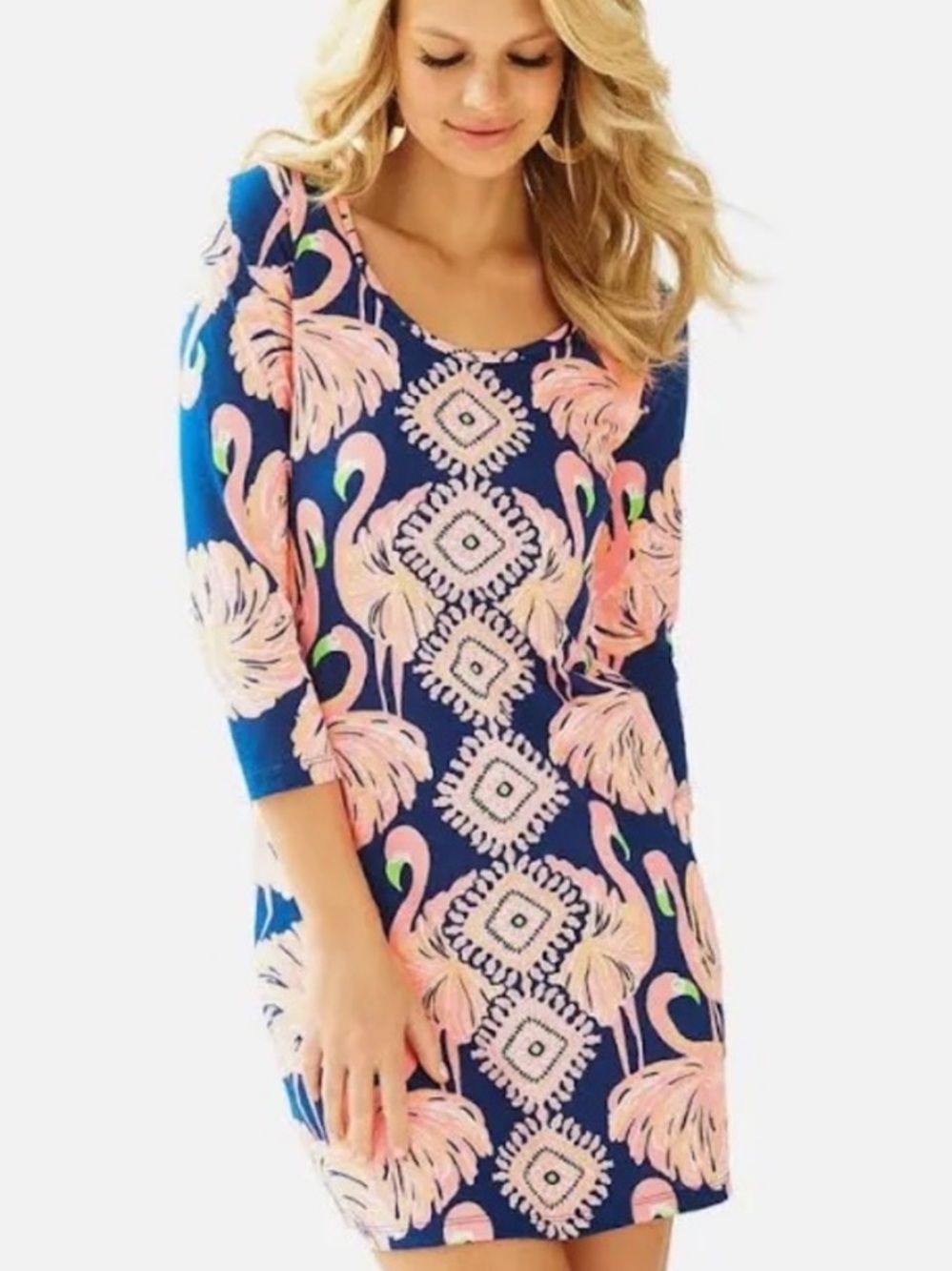 NWOT Lilly Pulitzer Navy & Pink Flamingo Print 3/4 Sleeve Dress